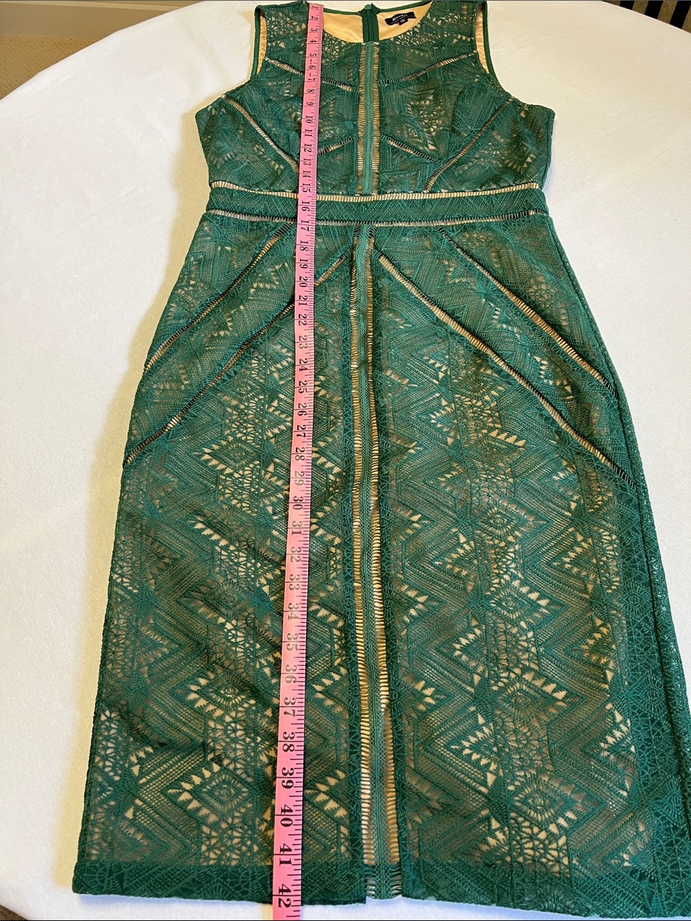 Bardot Eve Dark Green Sheer Crochet Lace Illusion Sleeveless Sheath Midi Dress 8 - Picture 16 of 16